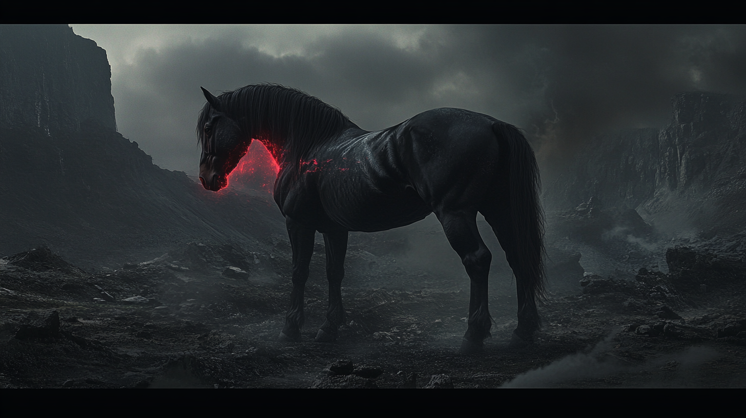 Black horse in a dark, mystical valley.