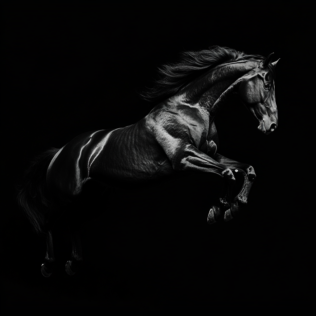 Black horse jumping in studio, hyperrealistic 32k UHD.