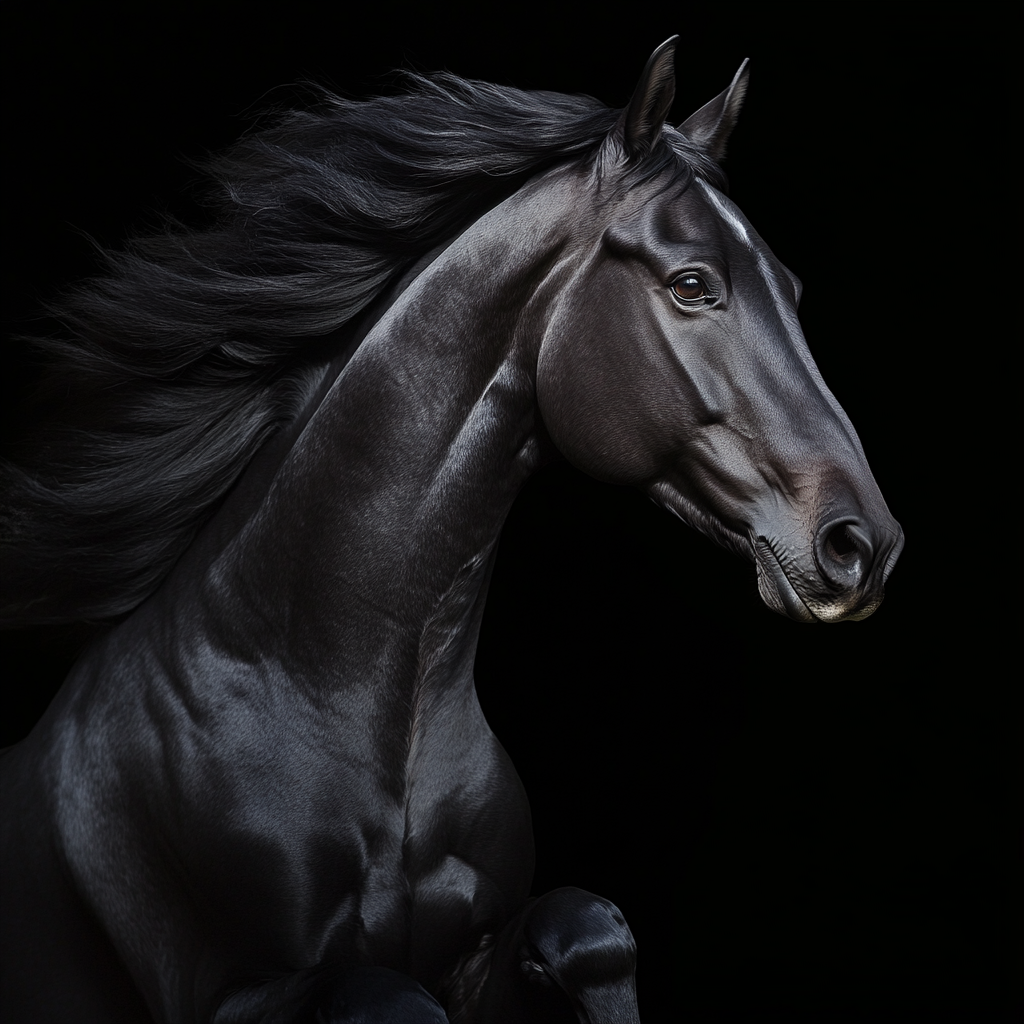 Black horse soaring wind mane epic hyperrealistic photo