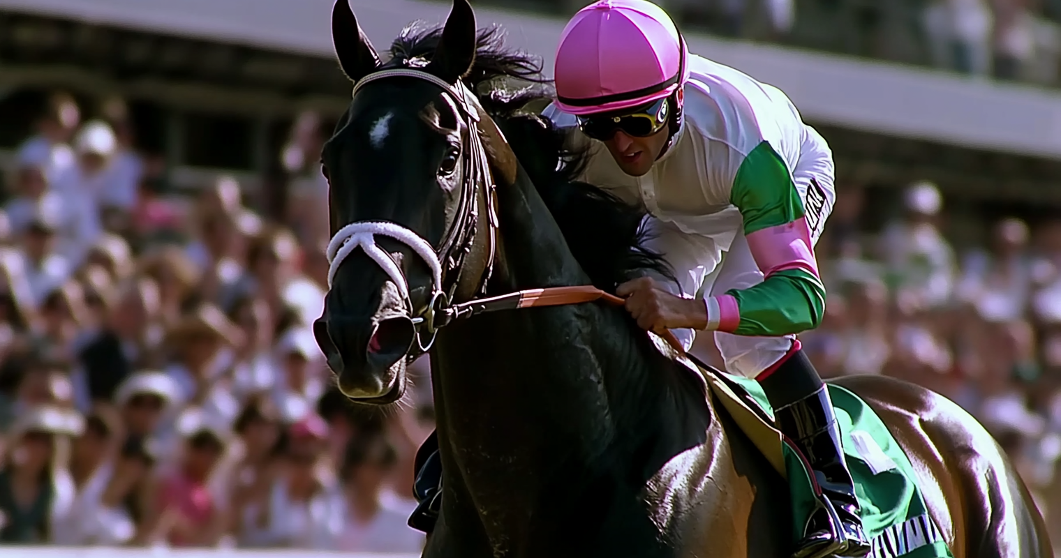 Black horse wins race with colorful mane flowing.