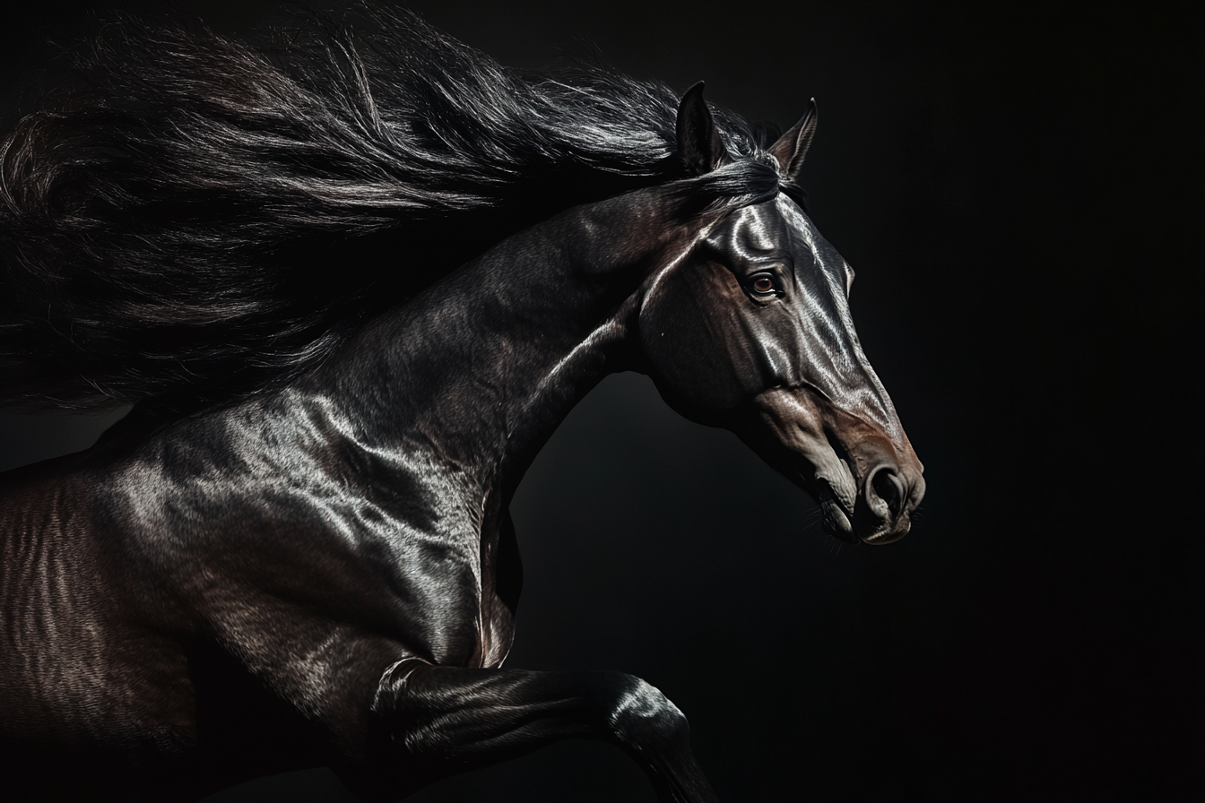 Black horse with big mane in mid-air - Epic photo