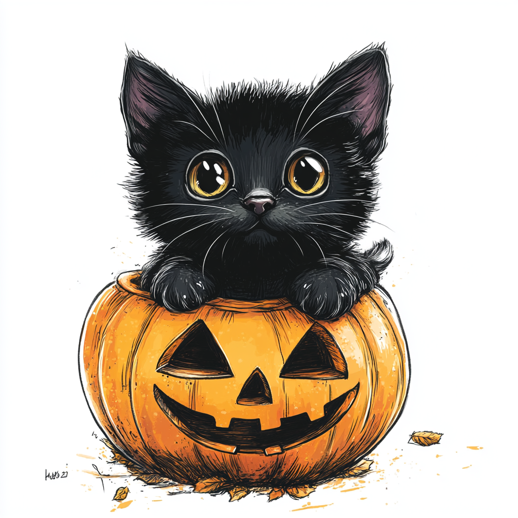 Black kitten inside jack-o-lantern on white background cartoon.