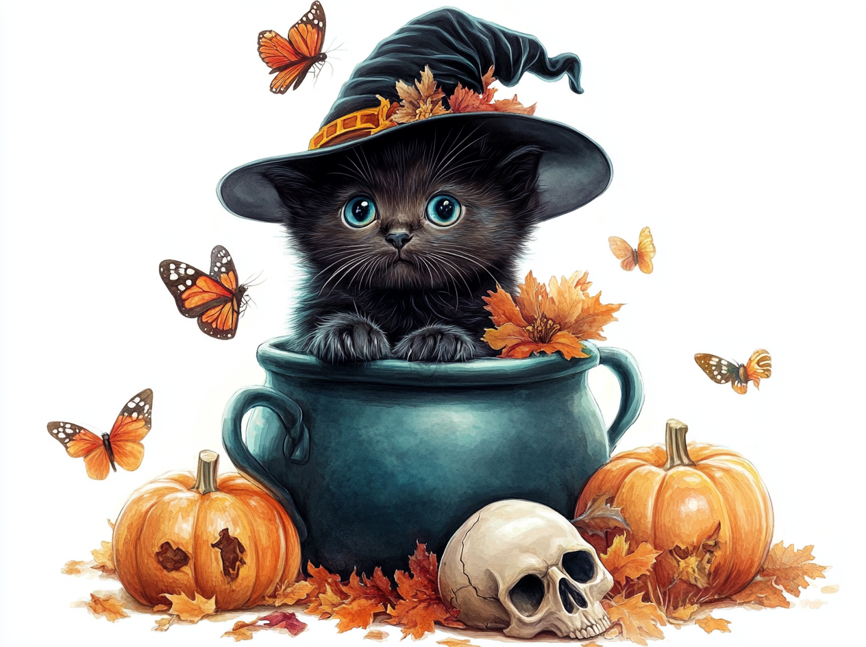 Black kitten witch hat cauldron pumpkins skulls flowers butterflies.