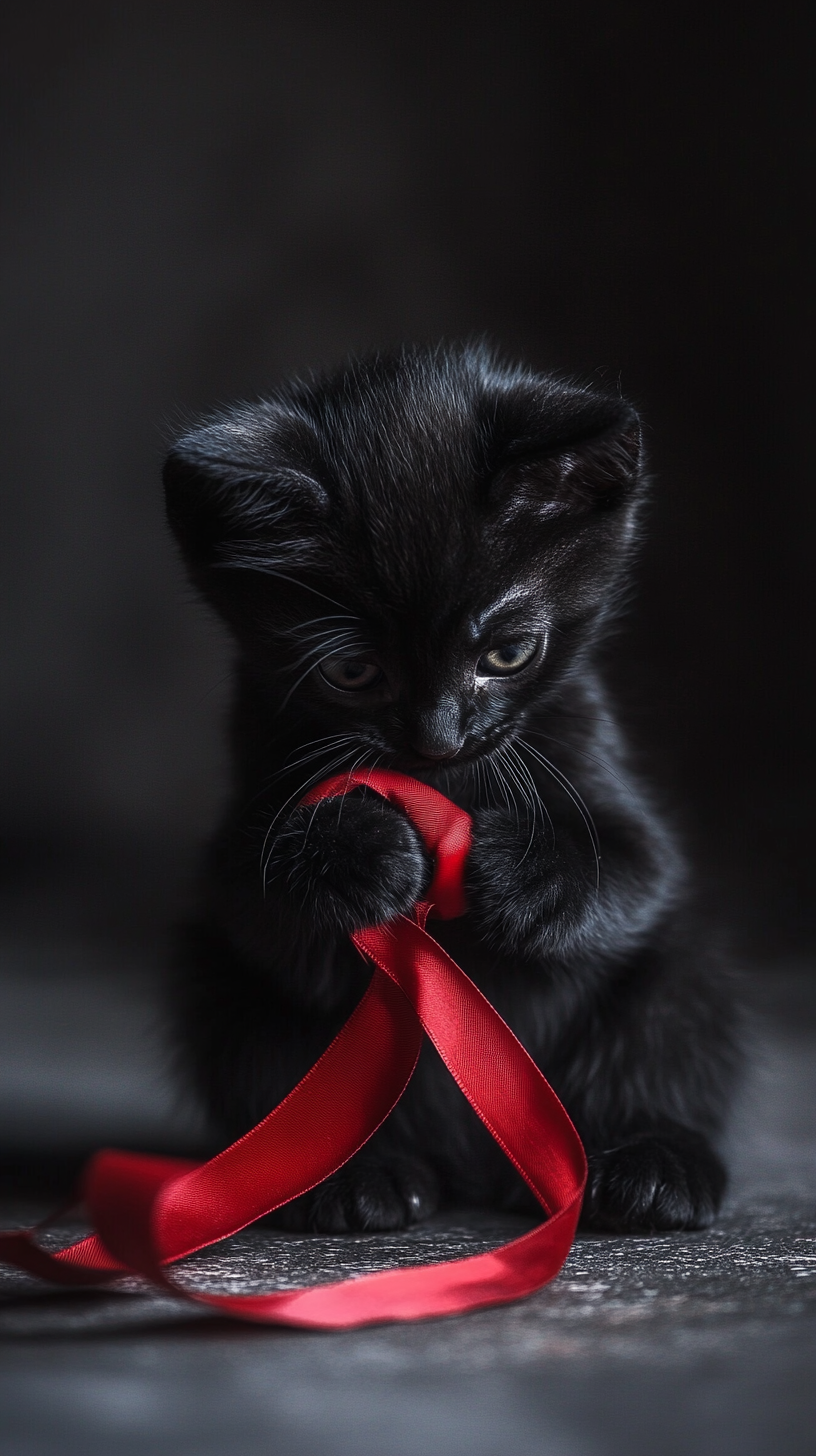 Black kittens playing with red ribbon in shadows