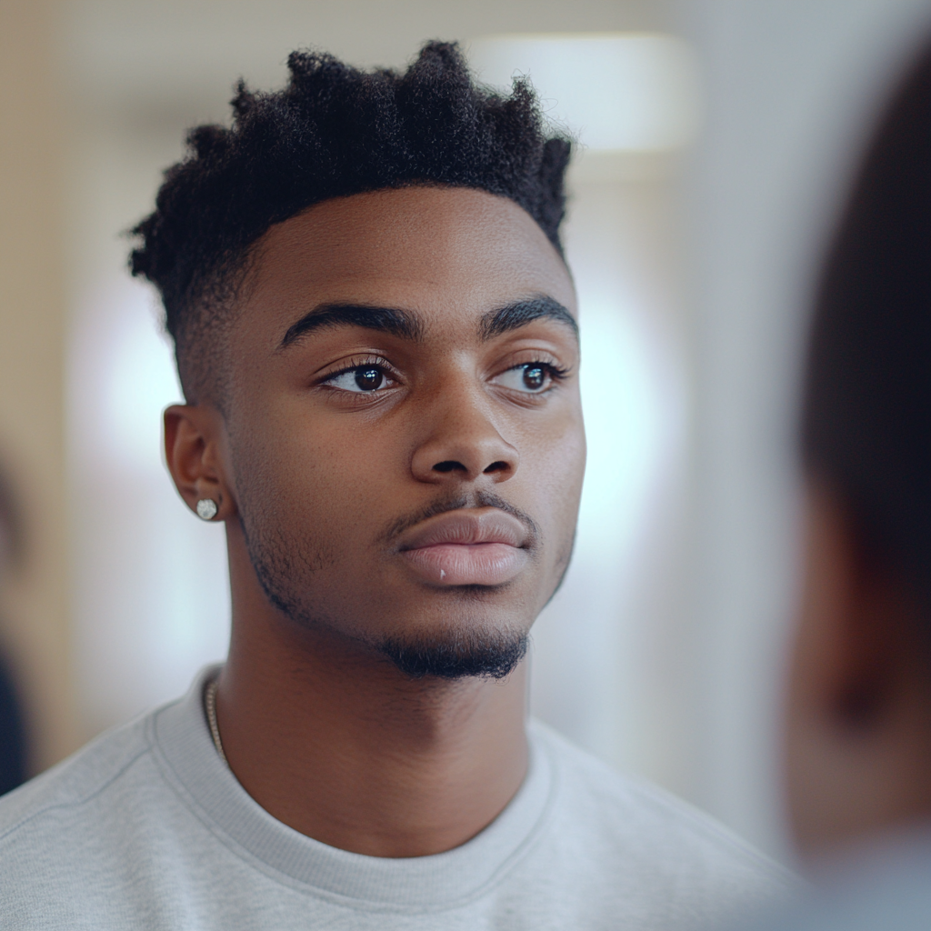 Black male freshman in polo shirt talking to professor.