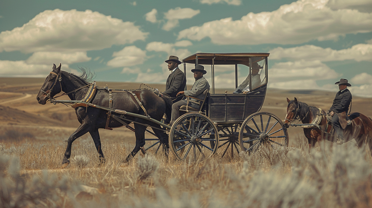 Black man driving carriage, two men sitting behind him.