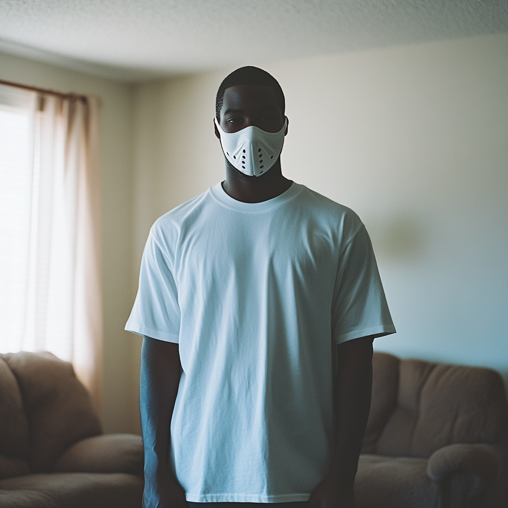 Black man in white tshirt standing front of sofa.