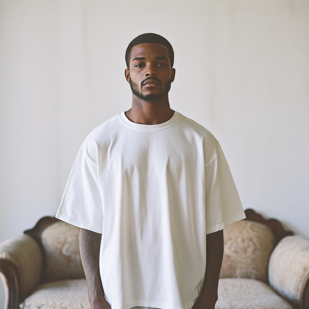 Black man in white tshirt standing in front.