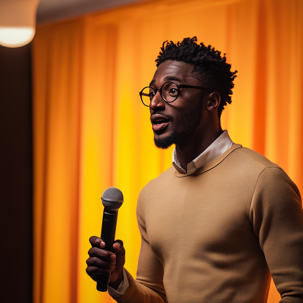 Black man speaks with microphone at event, detailed backdrop.