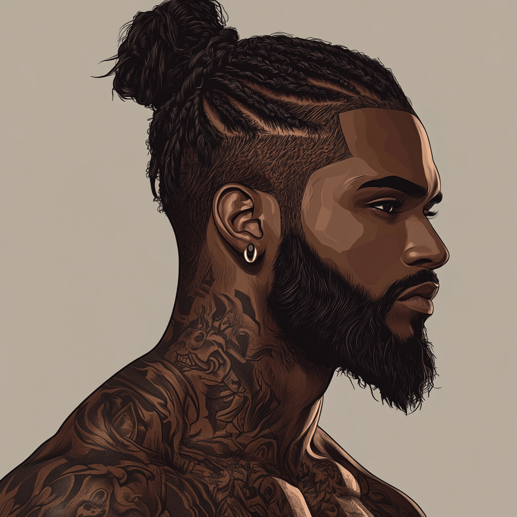 Black man with beard, man-bun and tattoos