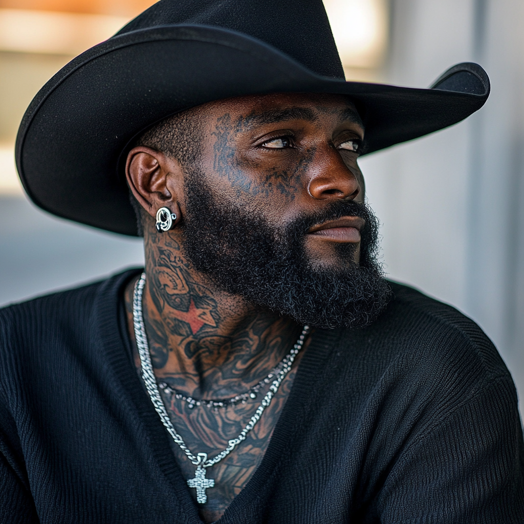 Black man with dark skin and beard, tattoos shown.