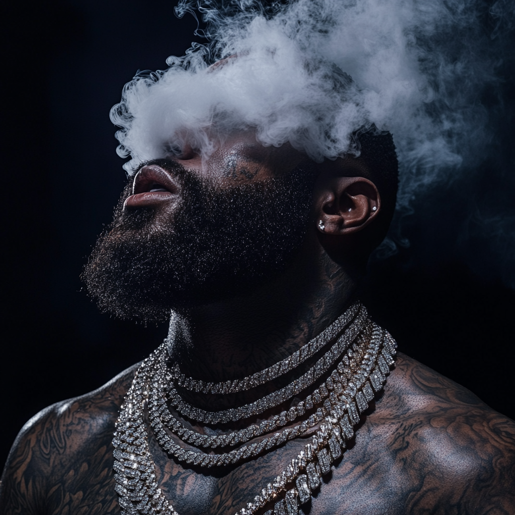 Black man with diamond chains and intricate tattoos, smoke removed