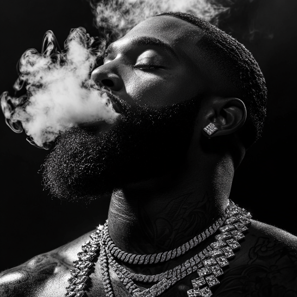 Black man with diamond chains exhales smoke, dramatic lighting.