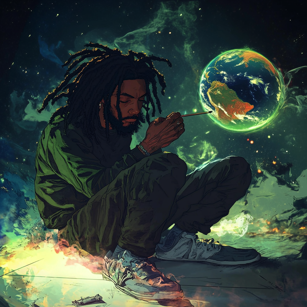 Black man with dreads smoking cannabis, anime art style