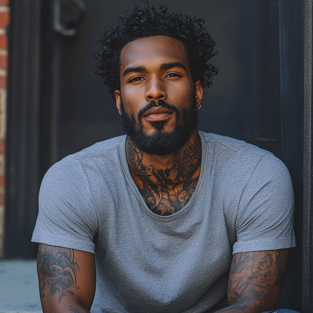 Black man with rich dark skin, detailed neck tattoos.