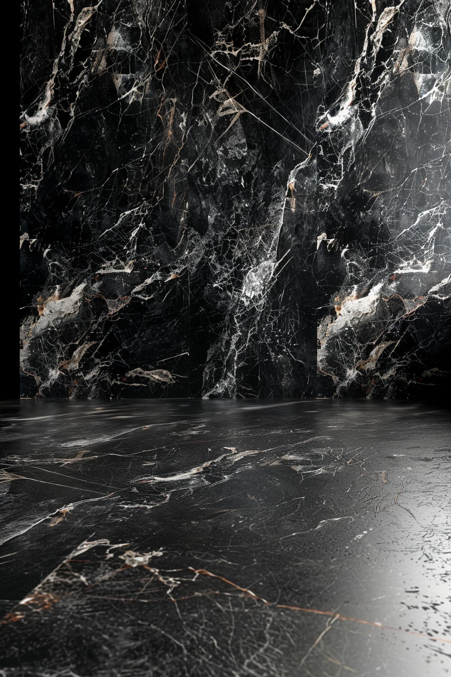 Black marble surface with white texture, luxuriously lit studio.