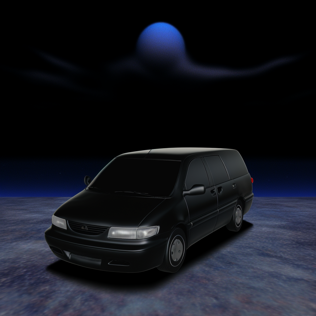 Black minivan, glitchy game screenshot, solid matte background.