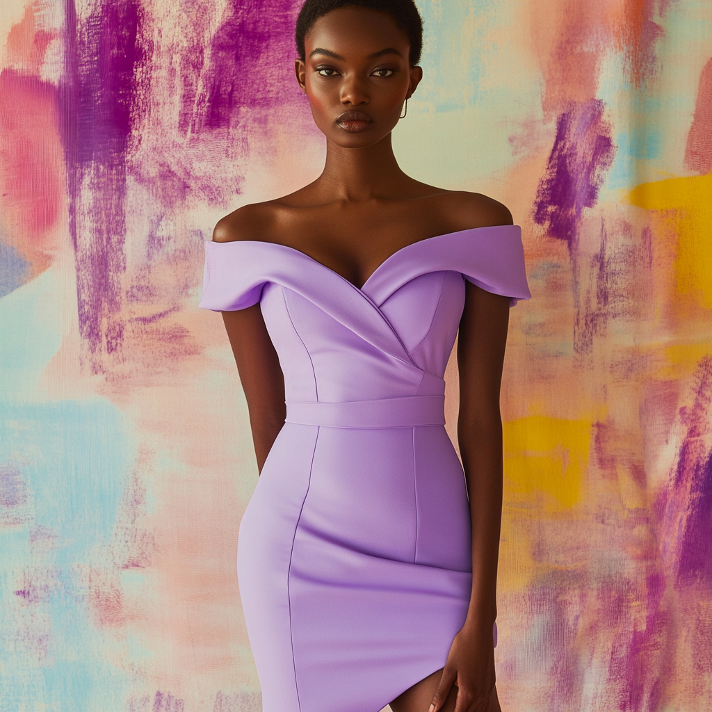 Black model in lilac dress with cross straps.