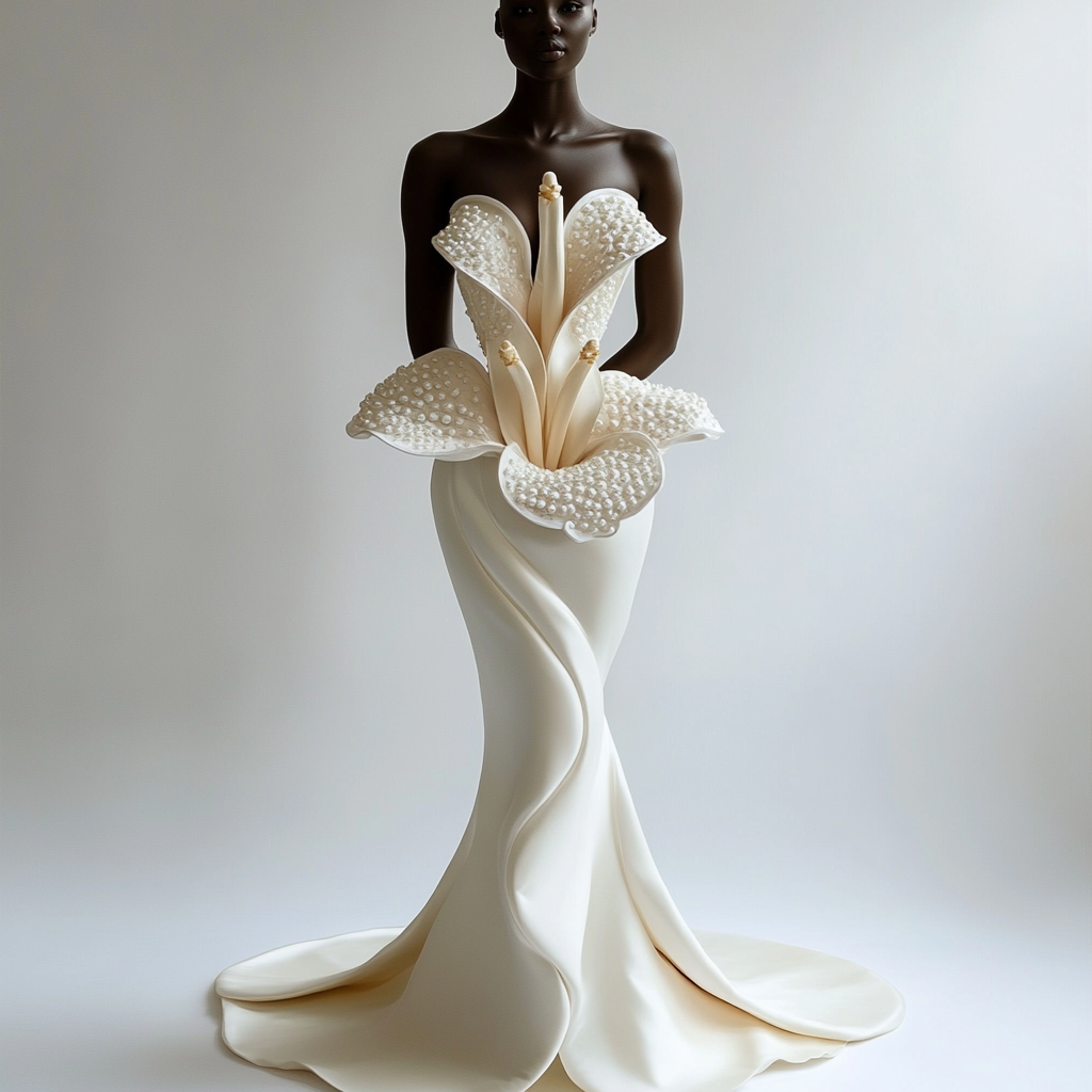 Black model in satin mermaid wedding dress, lily bodice.