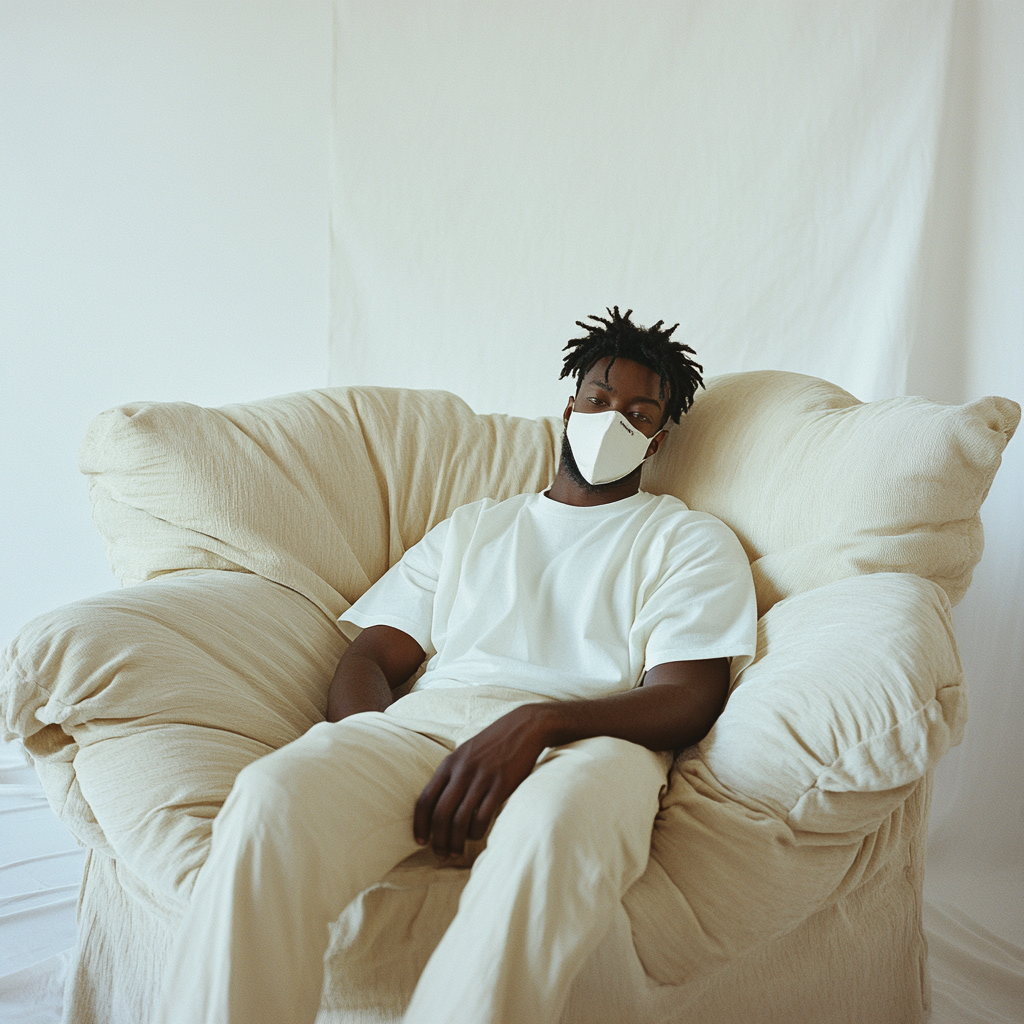 Black model in white oversized t-shirt, sitting on sofa.