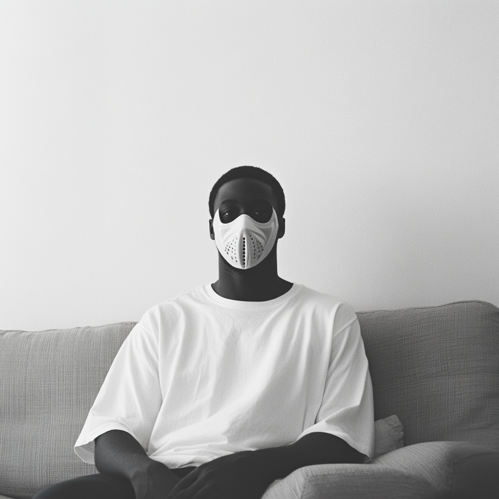 Black model in white t-shirt and robbery mask sitting.