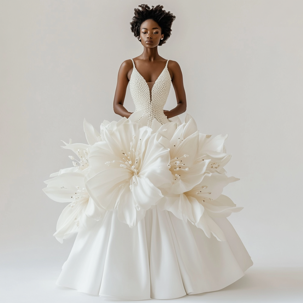 Black model wearing white lily wedding dress on satin.