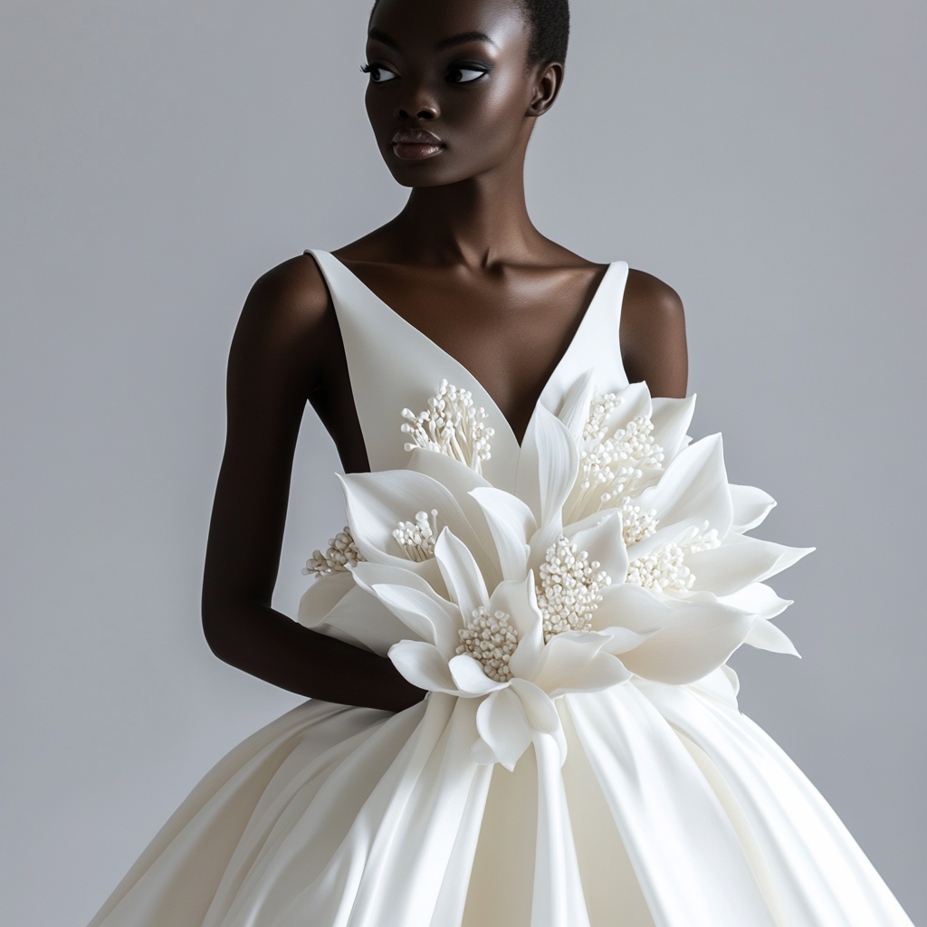 Black model wears minimalist satin ballgown with lily-shaped bodice.