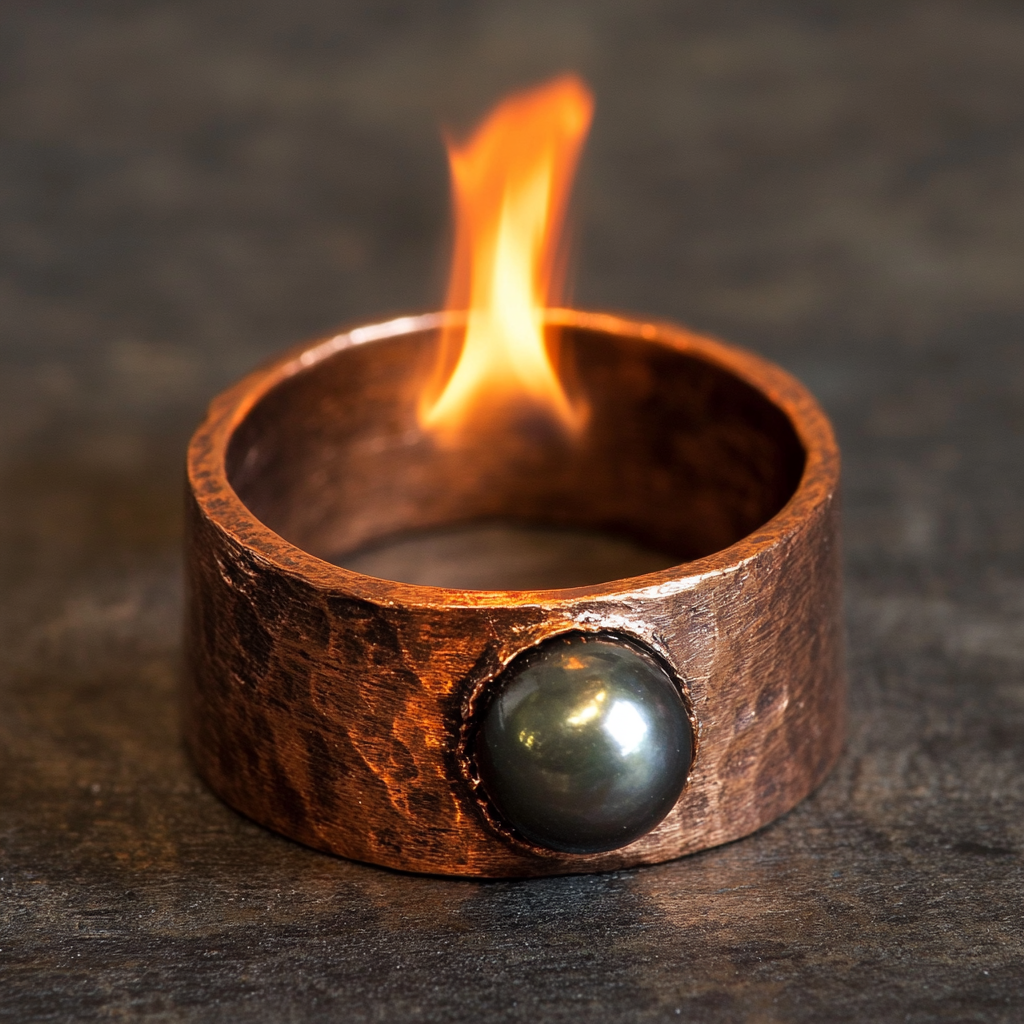 Black pearl on copper ring with intense bursting flame.