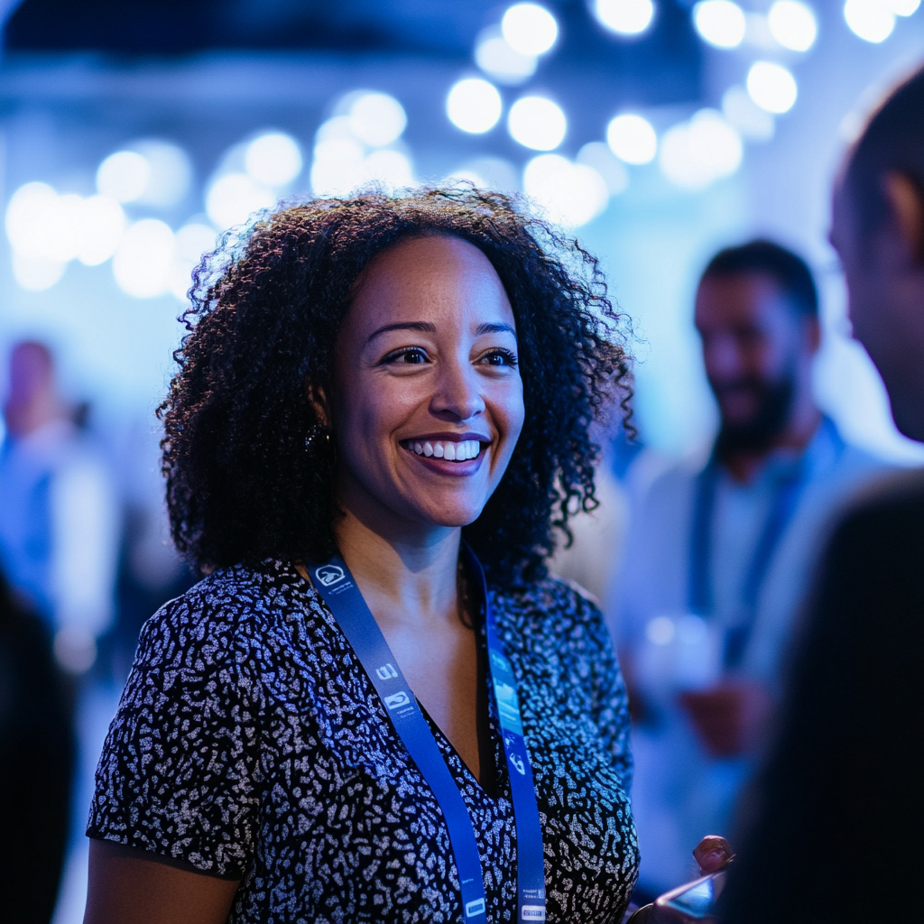 Black queer woman smiling, networking at innovation event.