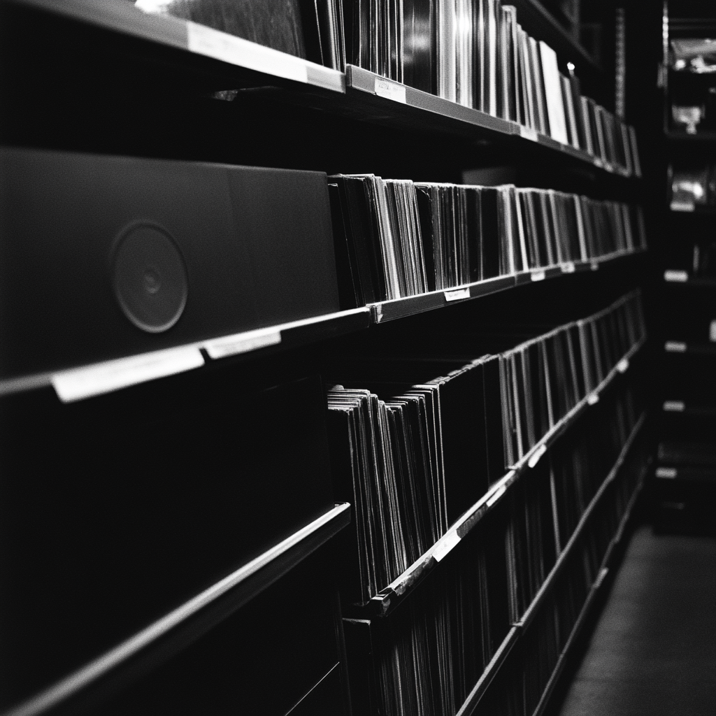 Black record covers on extended store rack from front