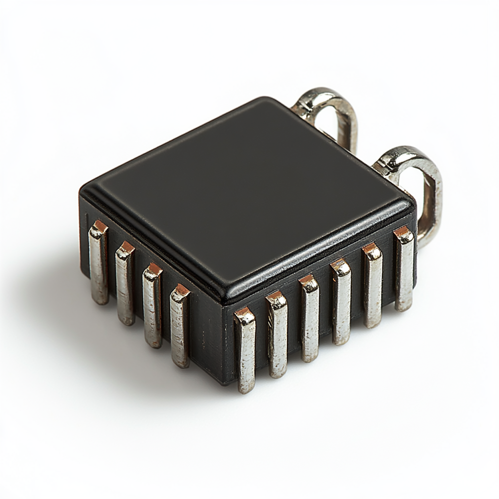 Black rectangular semiconductor component with three curved metal leads.