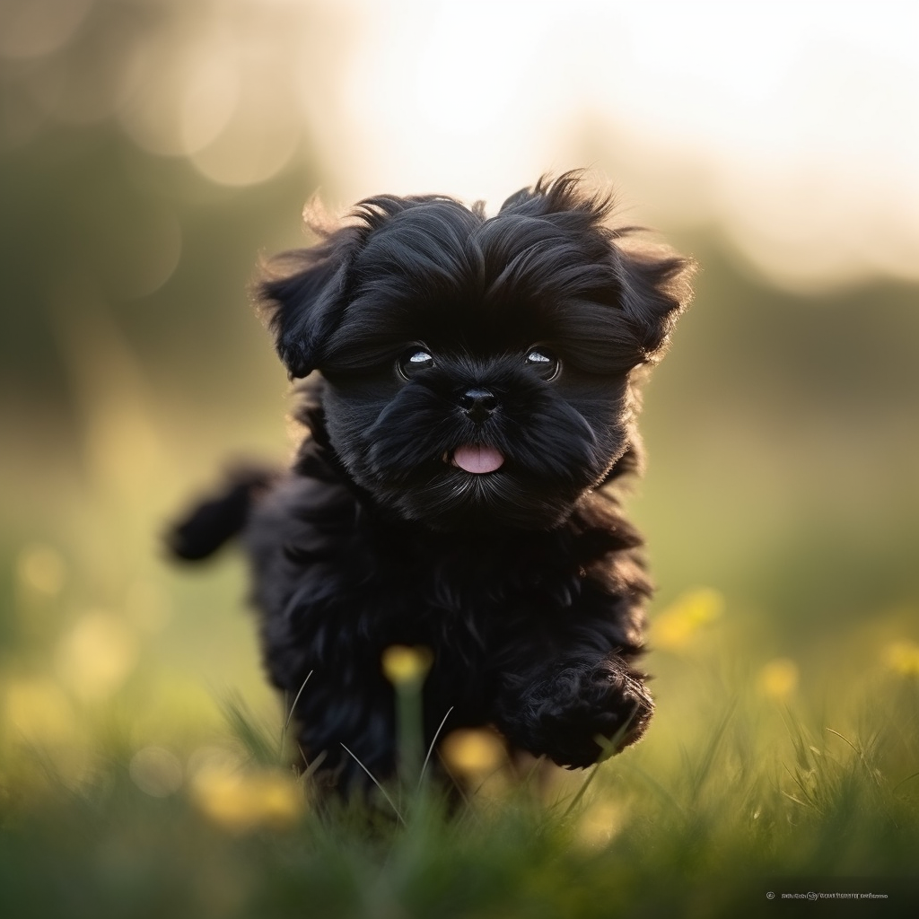 Black shih tzu puppy running on grass field