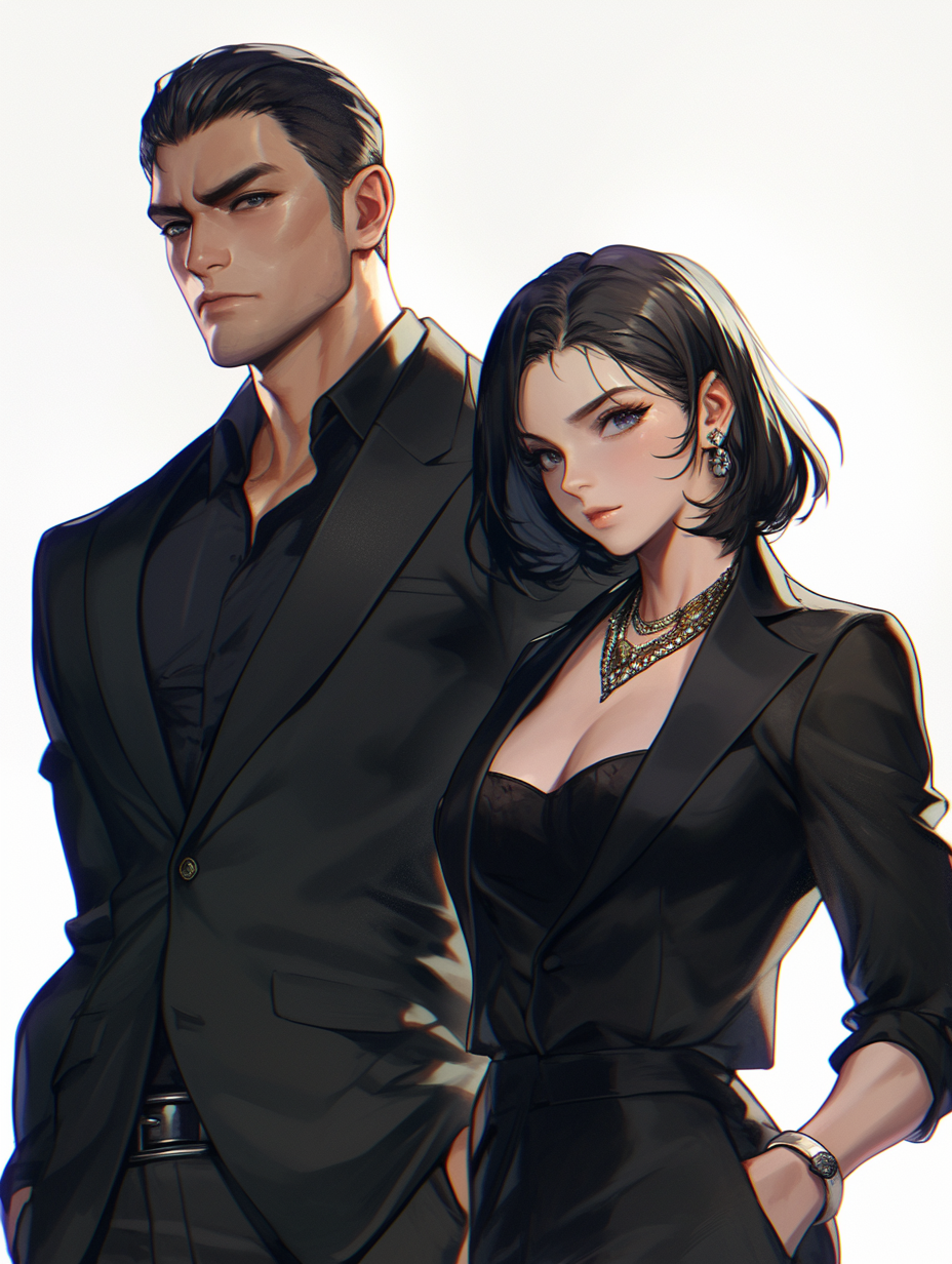 Black short hair couple, gangster style, comic full-body anime.