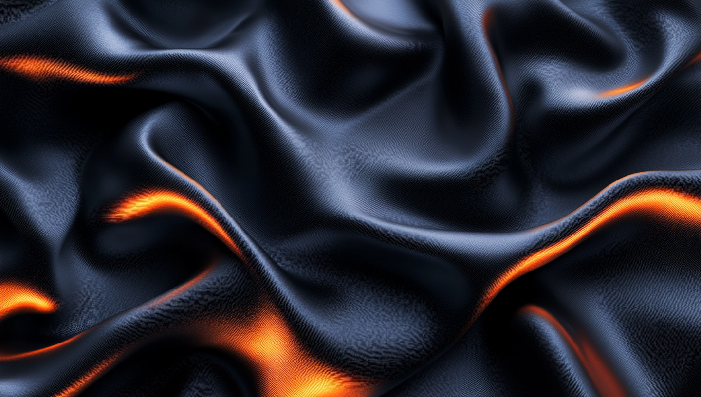 Black silk with orange light reflections, flowing waves, abstract fluid texture.