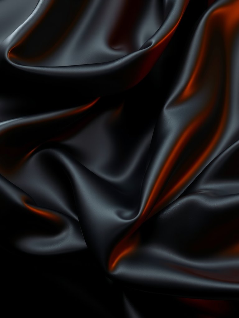 Black silk with orange reflections, flowing waves, abstract 3D.