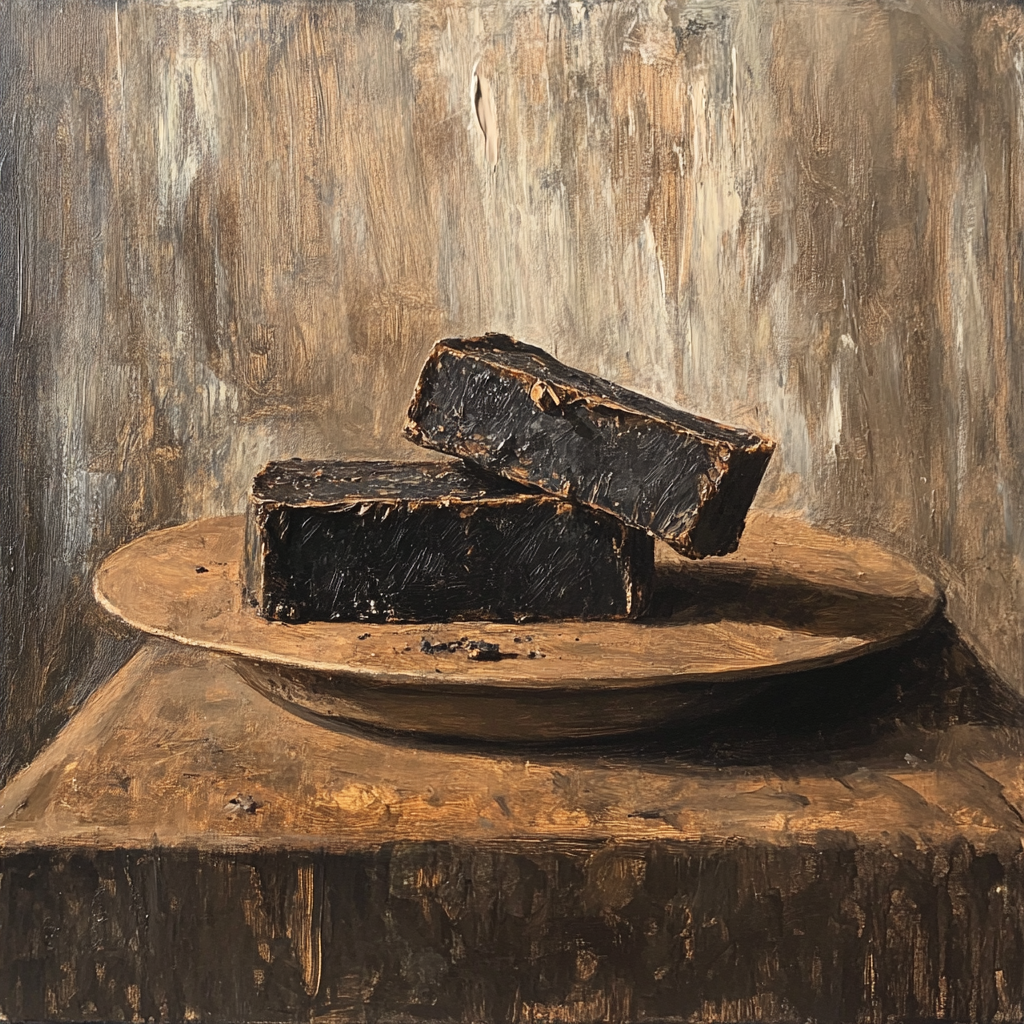 Black soap painting glistens on South African table.