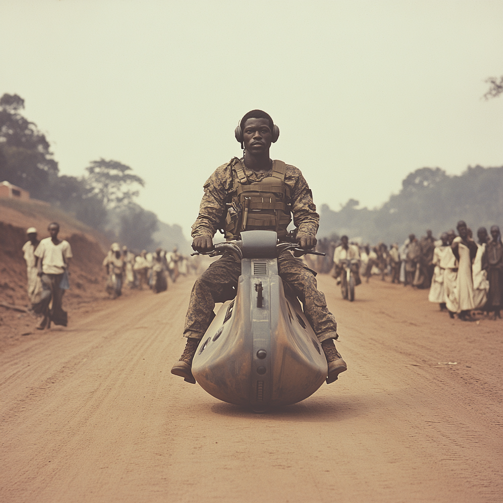 Black soldier on hover bike with colonial people