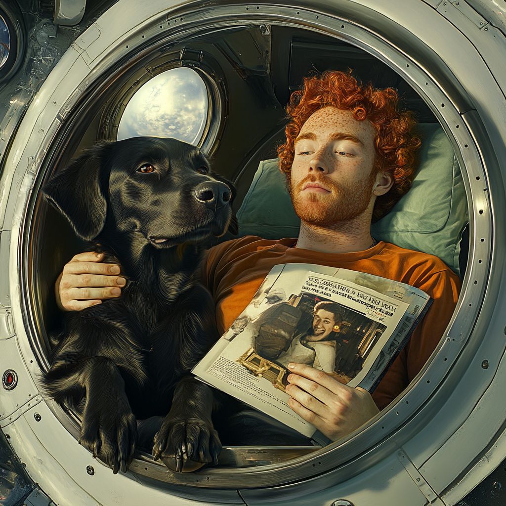 Black spaniel-shepherd mix dog gives massage on spaceship.