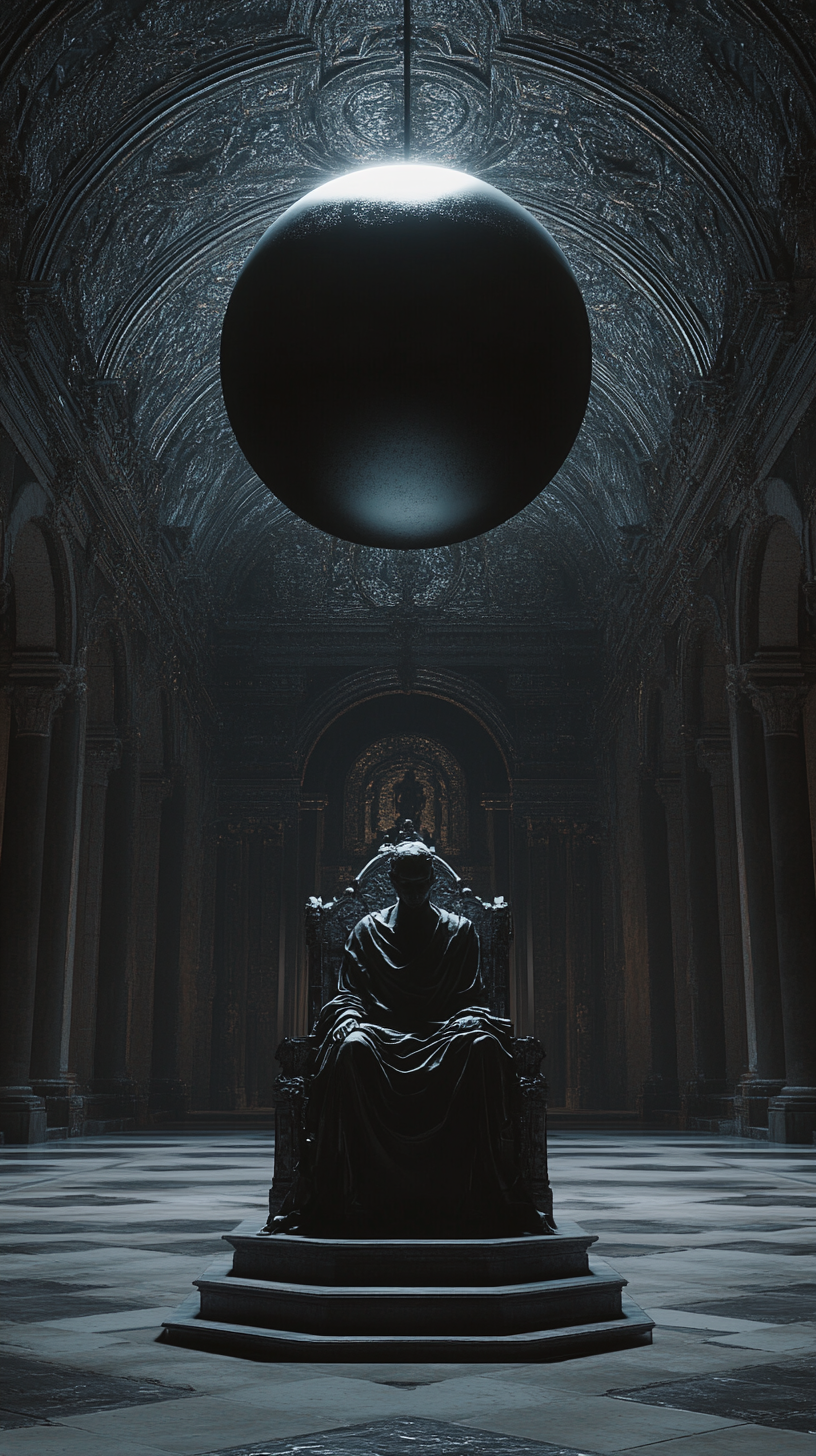 Black statue on throne in dark castle with shiny sphere.