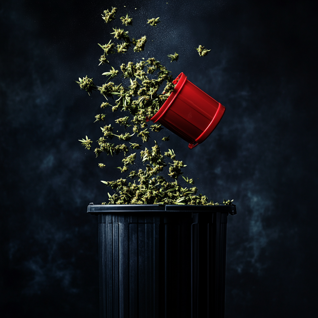 Black storage tote with red lid, cannabis flower 