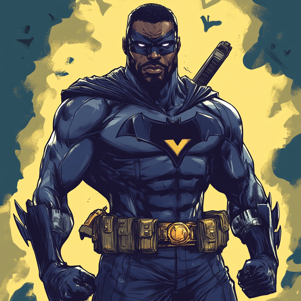 Black superhero in navy blue suit with weapons, comic style 