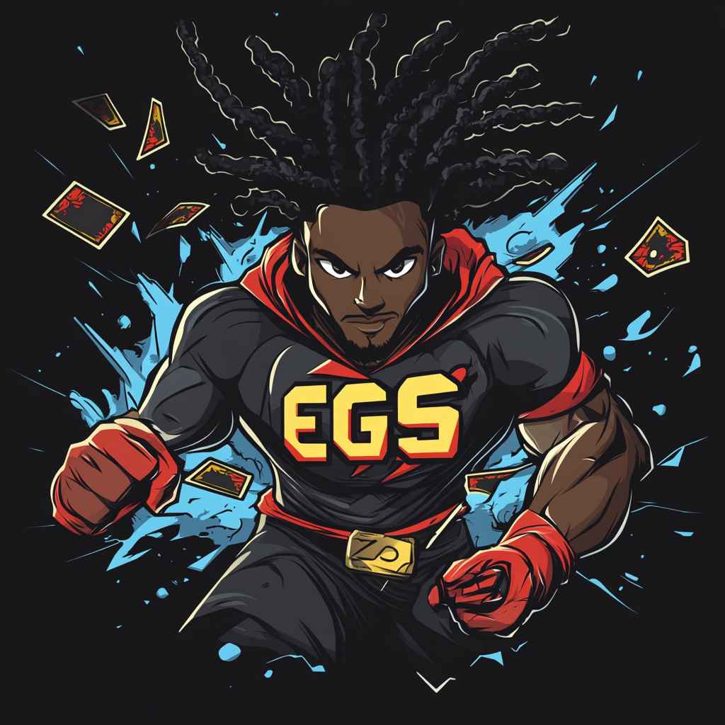 Black superhero with locs breaking sports trading cards power up.