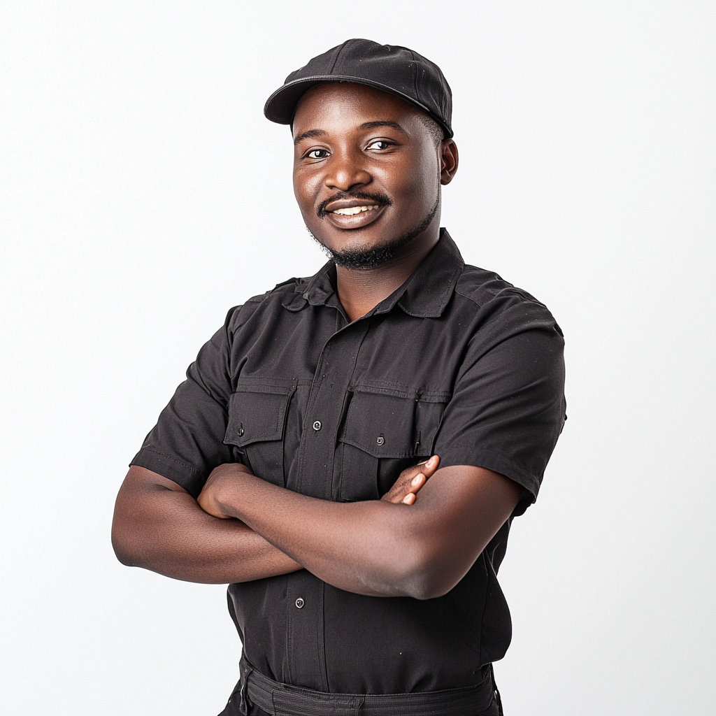 Black technician, 30, smiling, arms crossed, on white background.