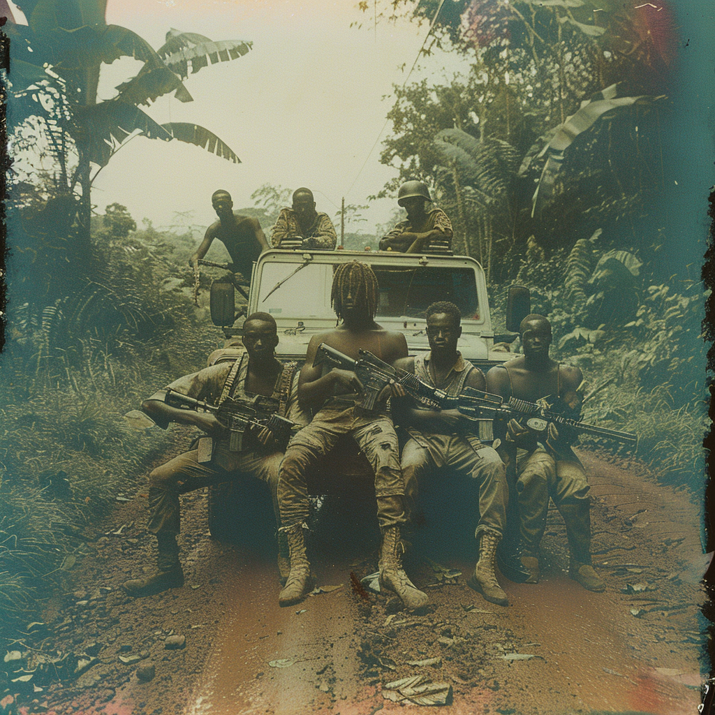 Black teens posing with rifles in jungle during war.