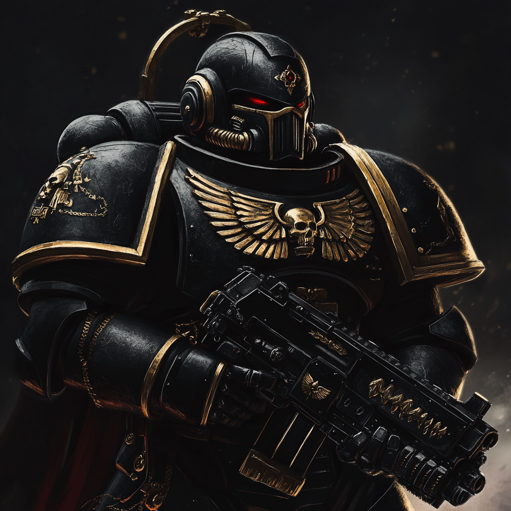 Black templars space marine in gravis armor wielding bolter.