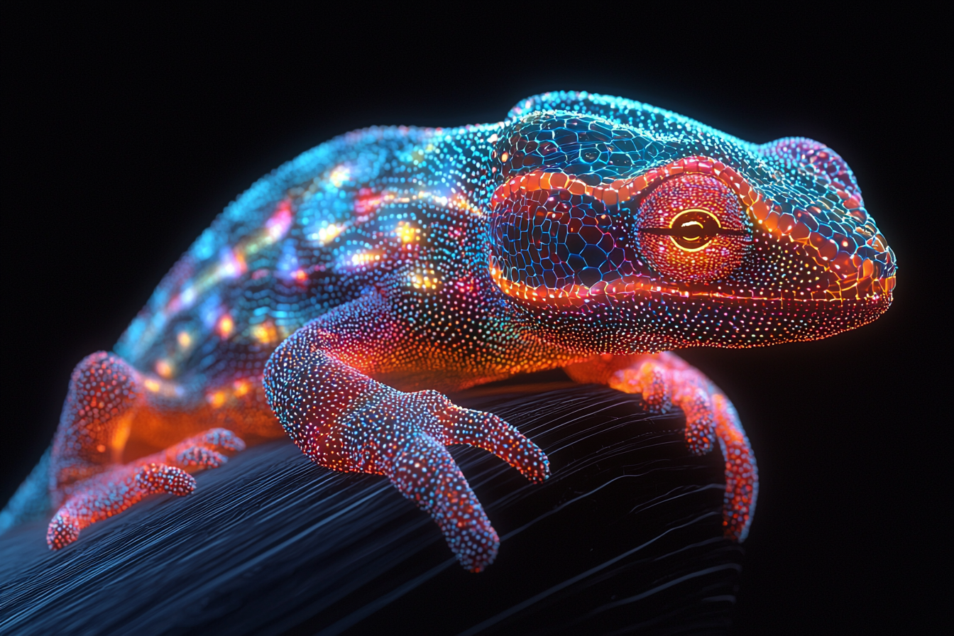 Black void 3D geometric chameleon made of neon fibers.