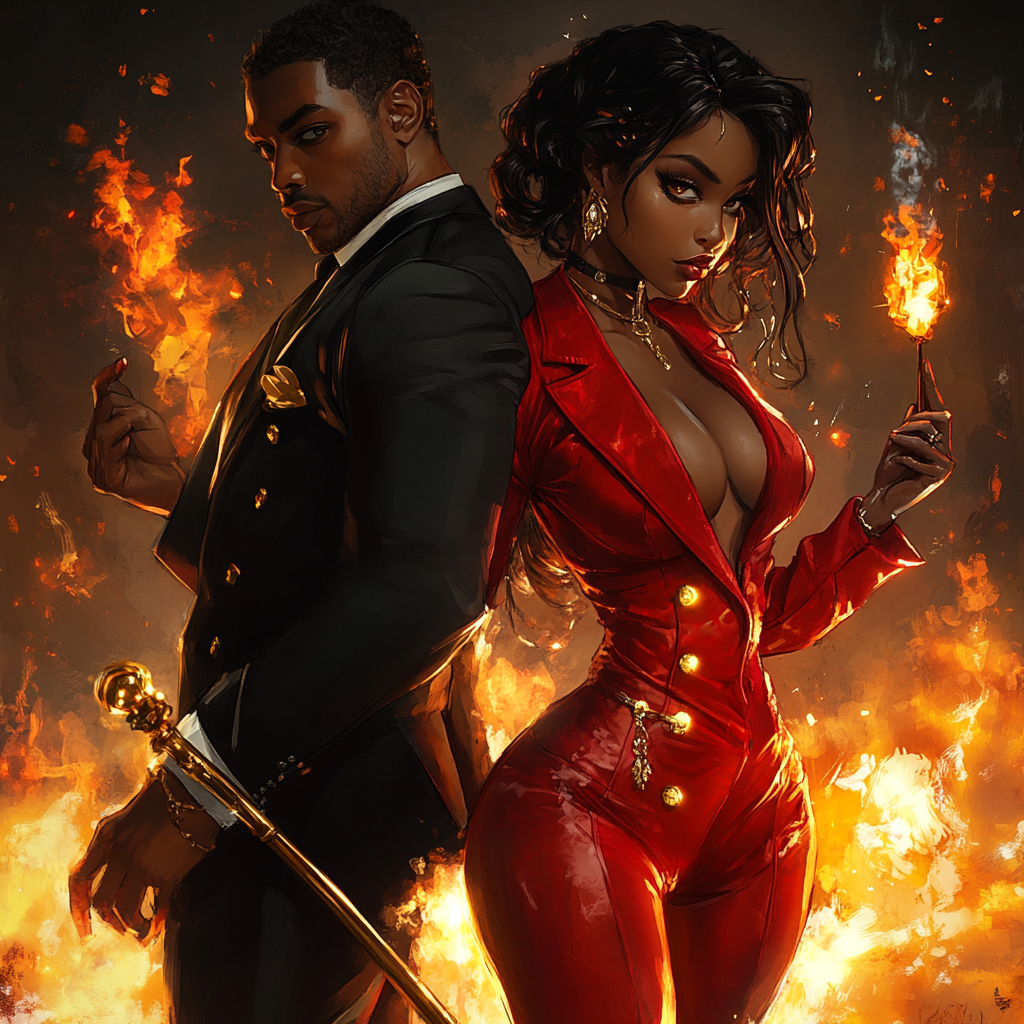 Black woman, red suit, gold flame vs dark black male.