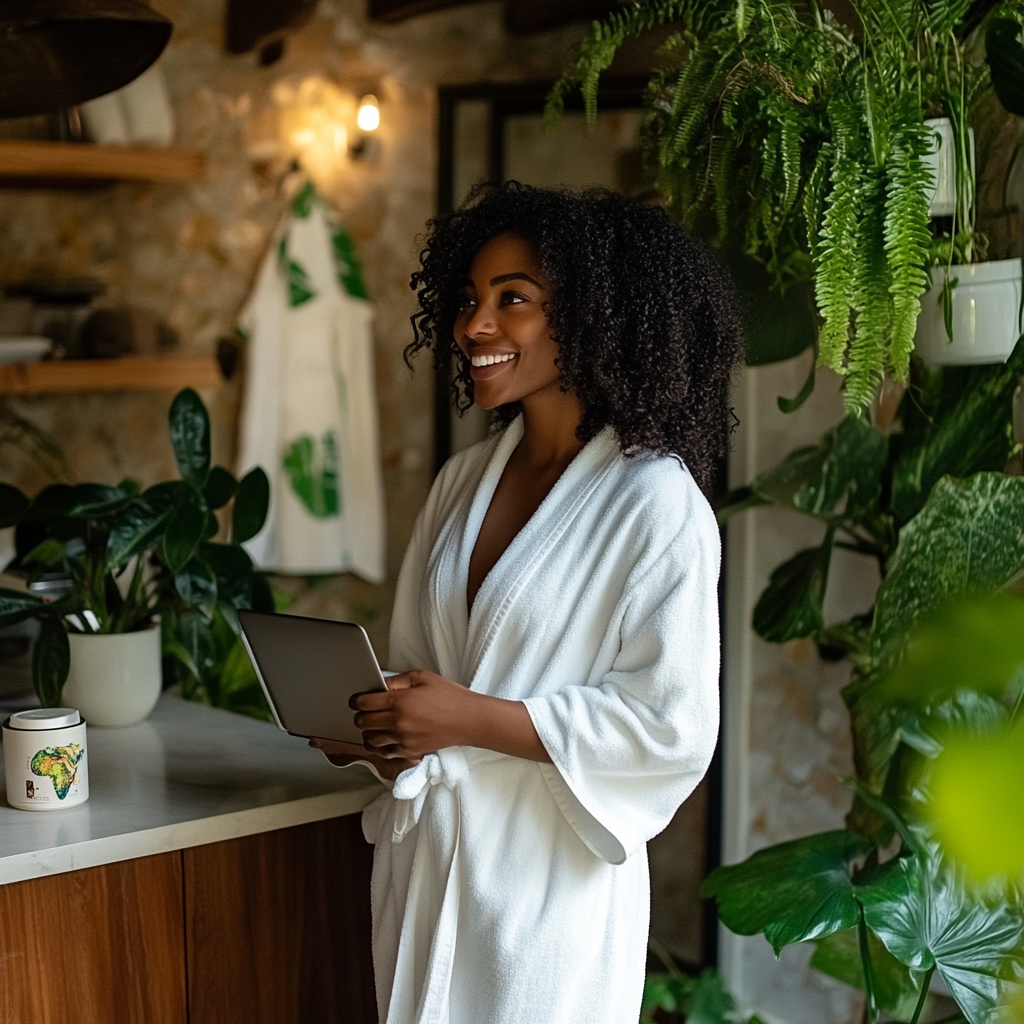 Black woman, white robe, green bathroom, laptop, coffee mug.