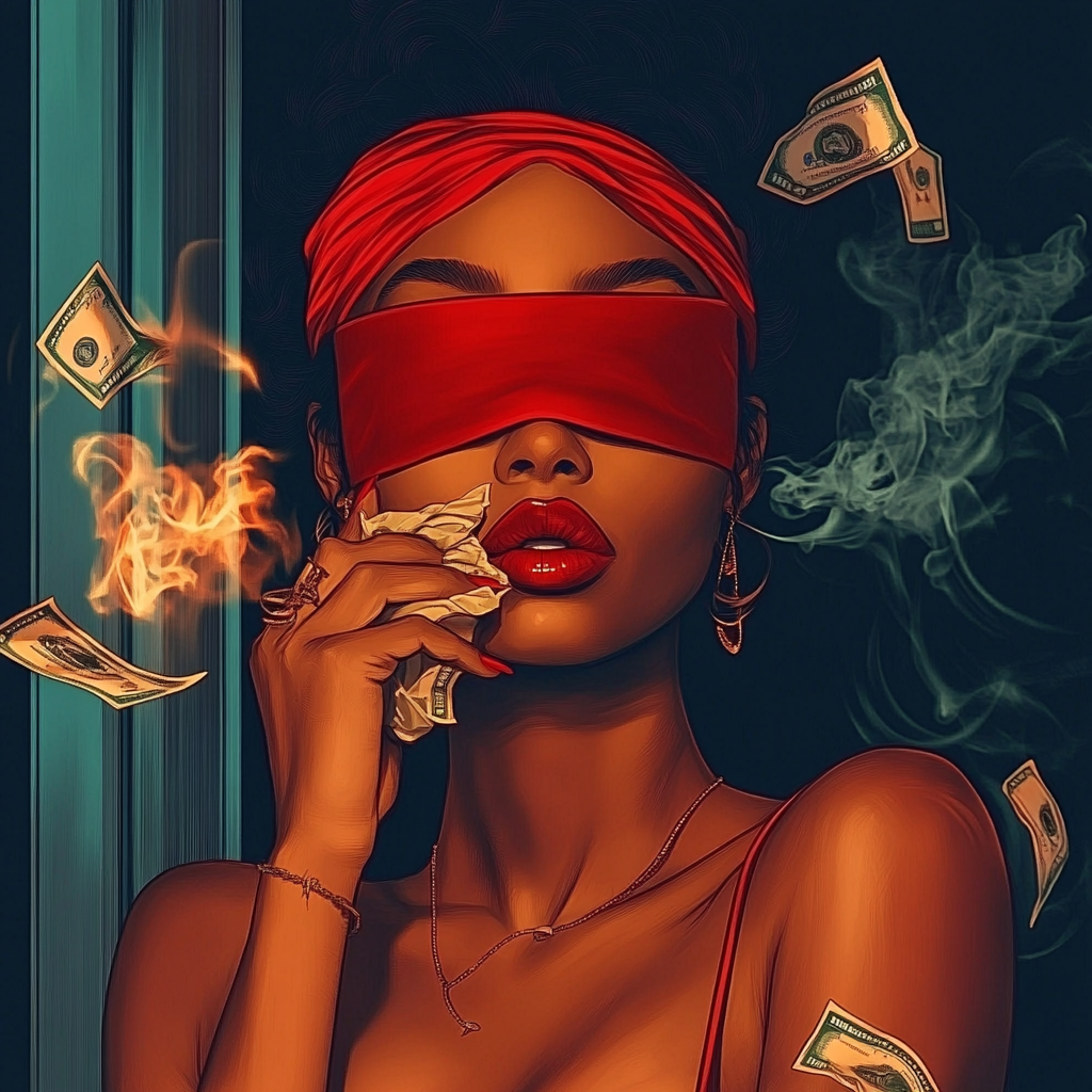 Black woman blindfolded smoking cannabis with money flying