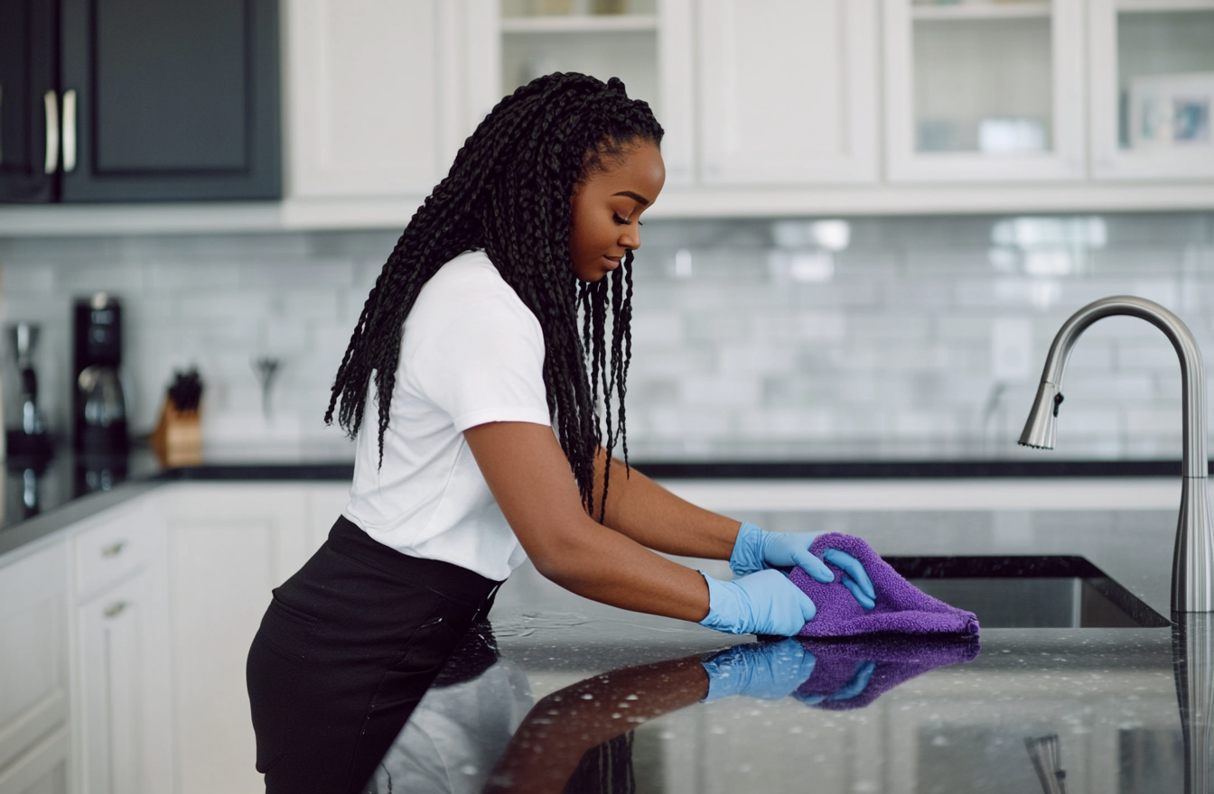 Black woman cleaning granite countertop in modern kitchen scene.